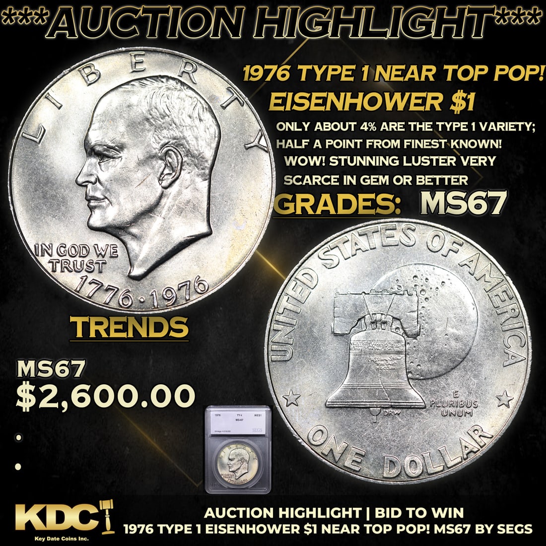 ***Auction Highlight*** 1976 Type 1 Eisenhower Dollar Near TOP POP! $1 Graded ms67 BY SEGS (fc) (1 of 5)