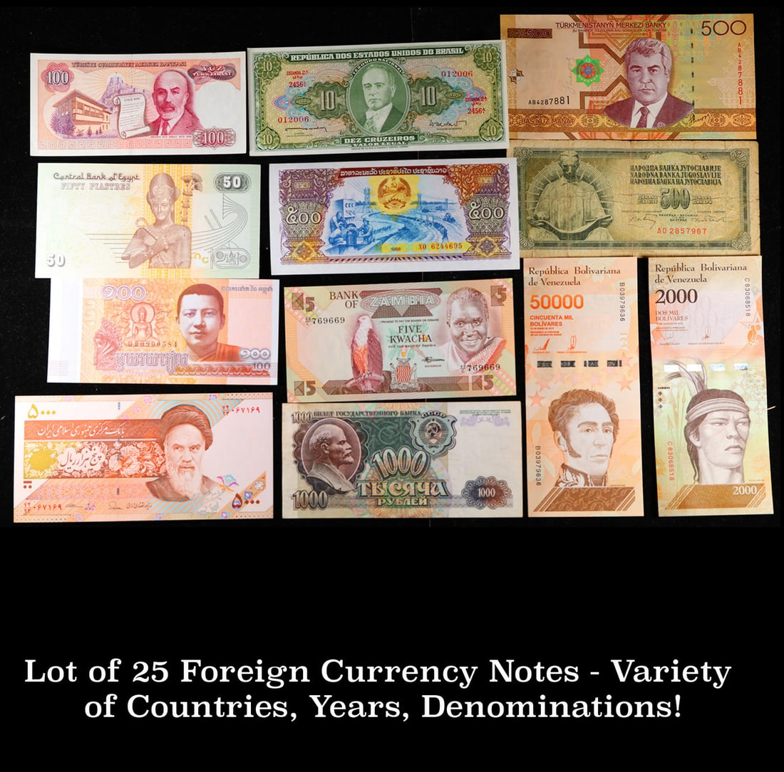Lot of 25 Foreign Currency Notes - Variety of Countries, Years, Denominations! (1 of 3)