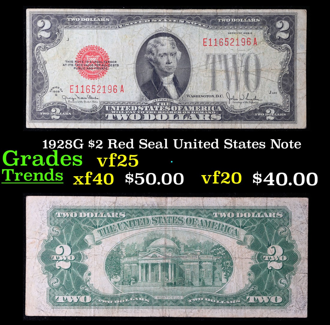 1928G $2 Red Seal United States Note Grades vf+: 1928G $2 Red Seal United States Note Grades vf+. FR-1508 Two dollar bills from the series of 1928 are called 1928 $2 legal tenders. All legal tenders have a red seal. 1928 was also the first year that