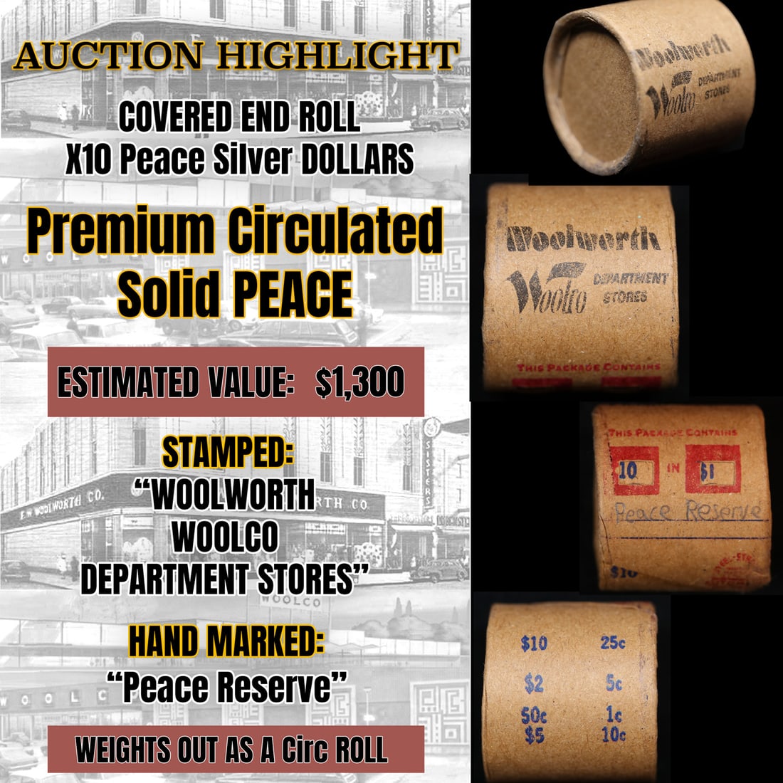 Ten coin (10) Peace silver dollar roll, covered ends, Long Island private vault find. Marked "Peace (1 of 5)