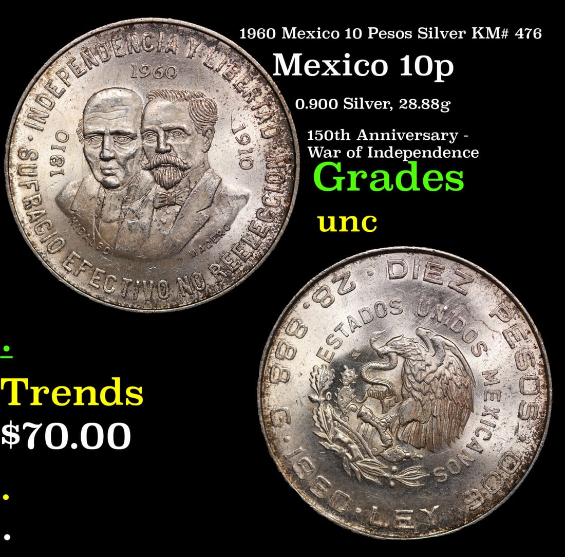 1960 Mexico 10 Pesos Silver KM# 476 Grades Brilliant Uncirculated (1 of 3)