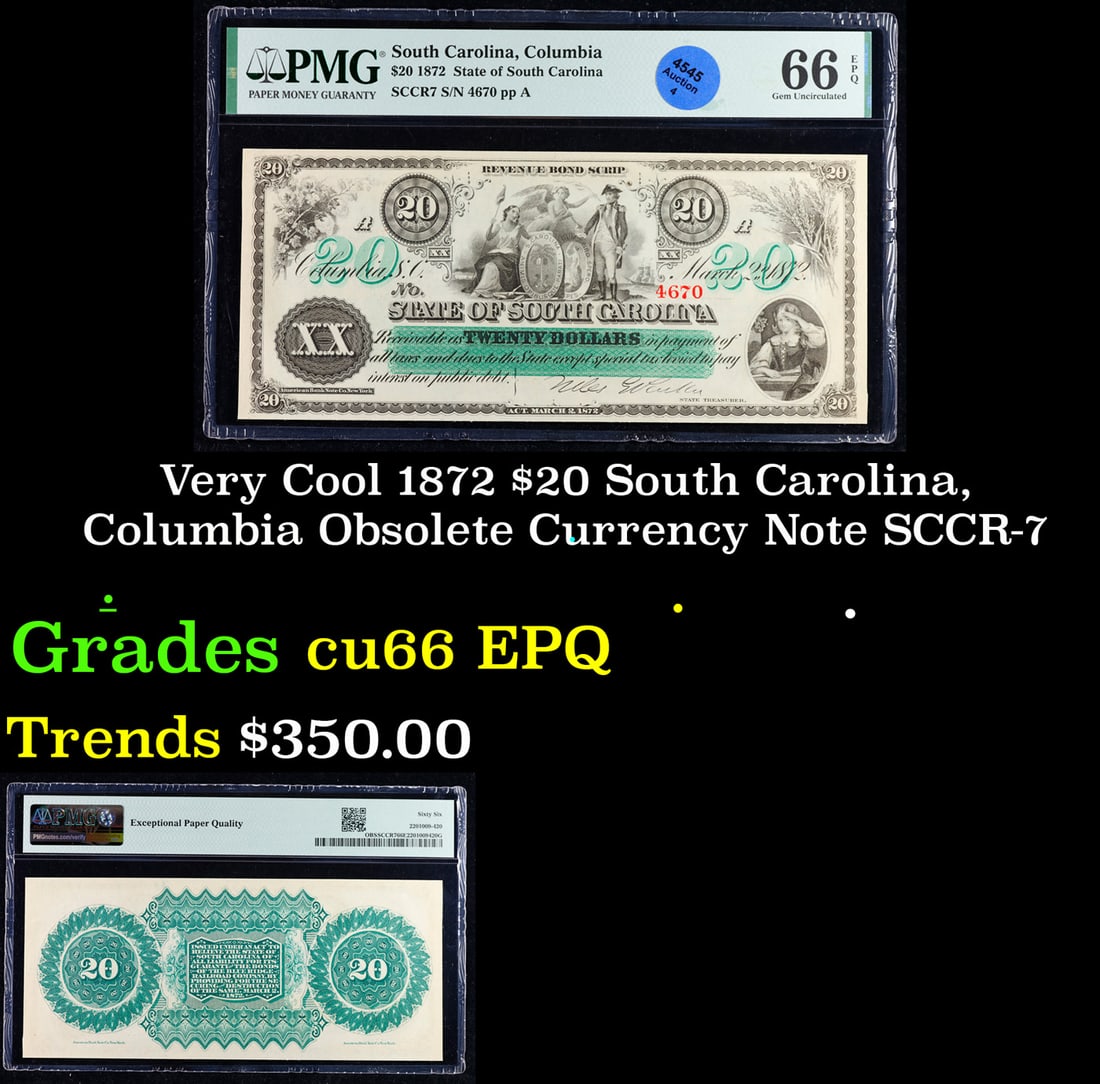 Very Cool 1872 $20 South Carolina, Columbia Obsolete Currency Note SCCR-7  Graded cu66 EPQ By PMG (1 of 3)