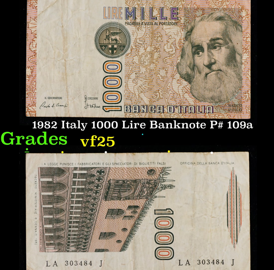 1982 Italy 1000 Lire Banknote P# 109a Grades vf+ (1 of 3)