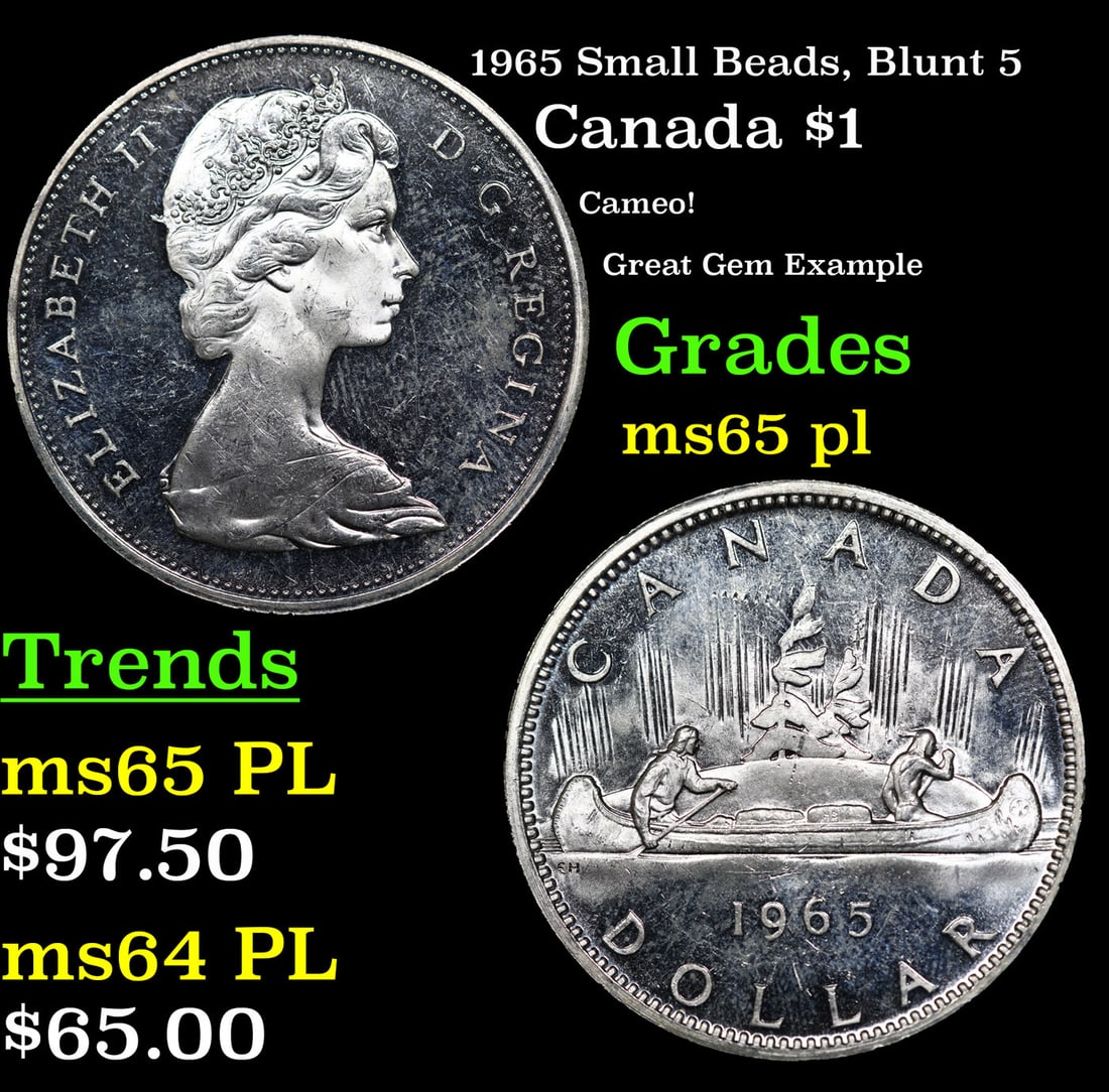 1965 Small Beads, Blunt 5 Canada Dollar 1 Grades GEM Unc PL (1 of 3)