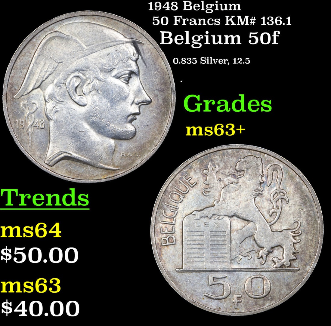 1948 Belgium 50 Francs KM# 136.1 Grades Select+ Unc: 1948 Belgium 50 Francs KM# 136.1 Grades Select+ Unc.
