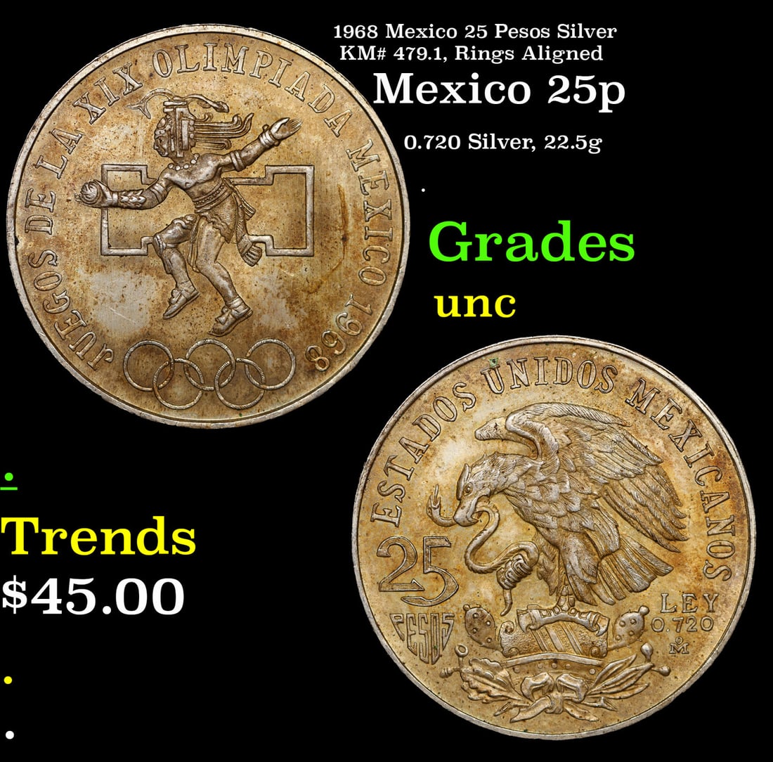 1968 Mexico 25 Pesos Silver KM# 479.1, Rings Aligned Grades Brilliant Uncirculated (1 of 3)