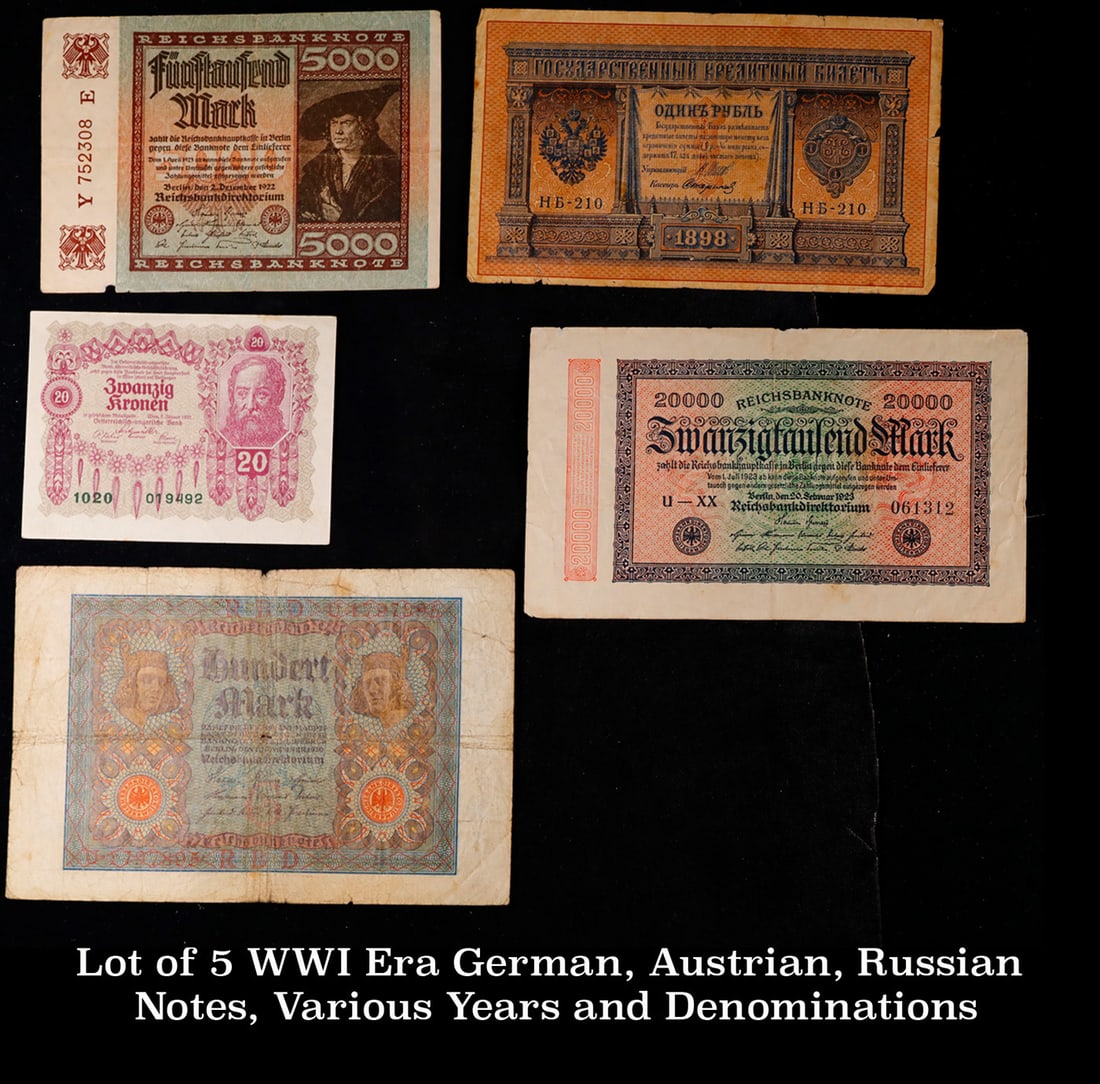 Lot of 5 WWI Era German, Austrian, Russian Notes, Various Years and Denominations Grades (1 of 3)