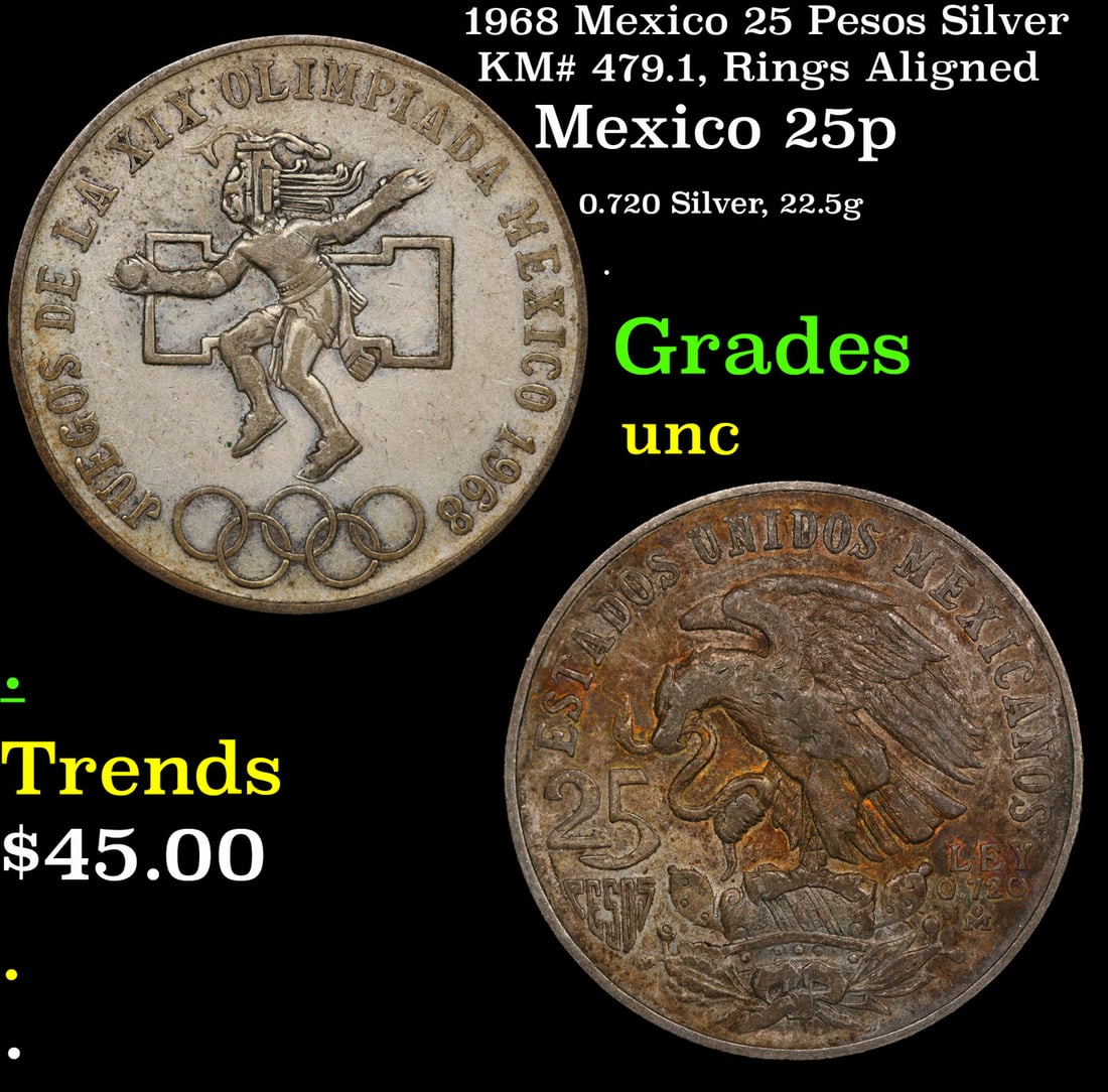 1968 Mexico 25 Pesos Silver KM# 479.1, Rings Aligned Grades Brilliant Uncirculated (1 of 3)