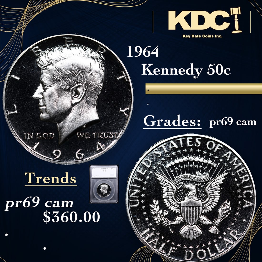 Proof 1964 Kennedy Half Dollar 50c Graded pr69 cam BY SEGS (1 of 5)