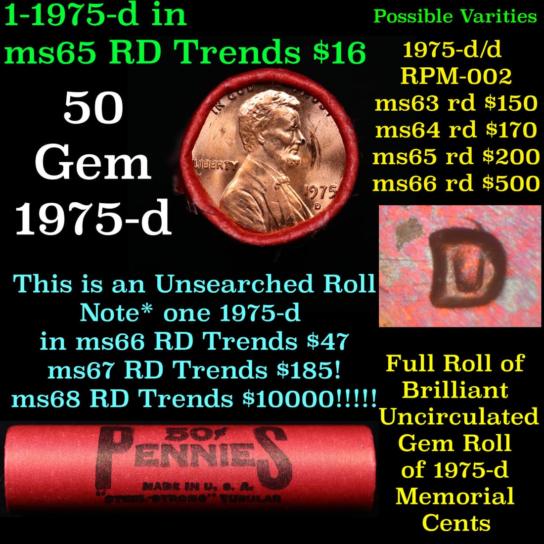 BU Shotgun Lincoln 1c roll, 1975-p 50 pcs Steel Strong Wrapper 50c: BU Shotgun Lincoln 1c roll, 1975-p 50 pcs Steel Strong Wrapper 50c. A terrific Shotgun roll of Lincoln cents in a Steel Strong wrapper. Most if not all coins should be cherry red.