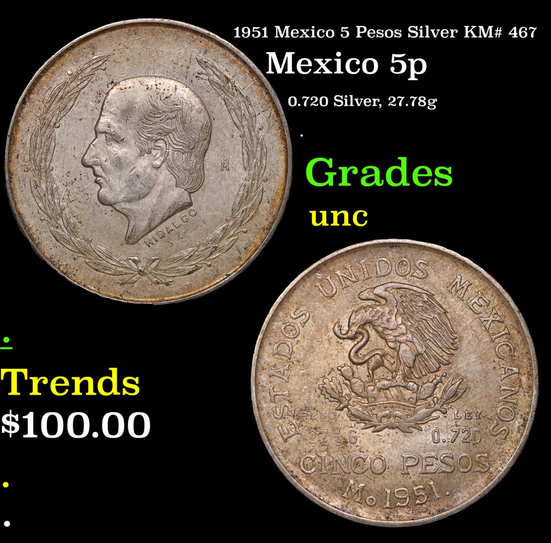 1951 Mexico 5 Pesos Silver KM# 467 Grades Brilliant Uncirculated (1 of 3)