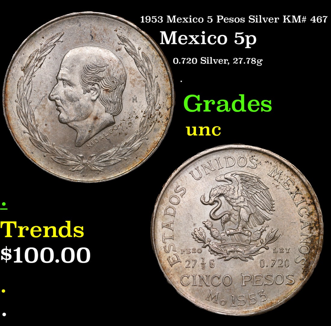 1953 Mexico 5 Pesos Silver KM# 467 Grades Brilliant Uncirculated (1 of 3)
