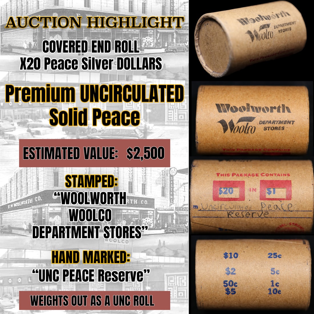 Weighed 20 coin uncirculated Peace dollar roll.  Covered ends. Found in pvt Long Island Vault. (1 of 5)