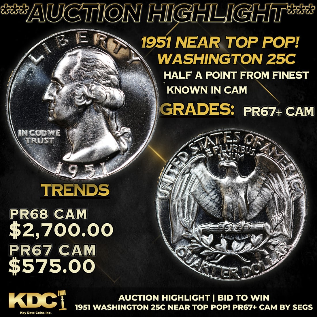 Proof ***Auction Highlight*** 1951 Washington Quarter Near TOP POP! 25c Graded pr67+ CAM BY SEGS (1 of 3)