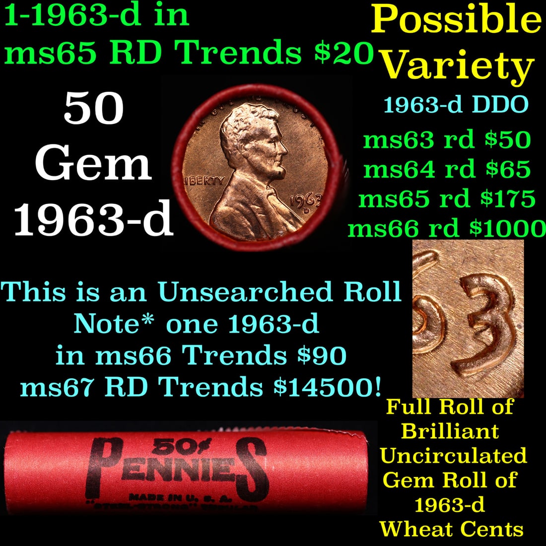 BU Shotgun Lincoln 1c roll, 1963-d 50 pcs Bank Wrapper 50c (1 of 2)