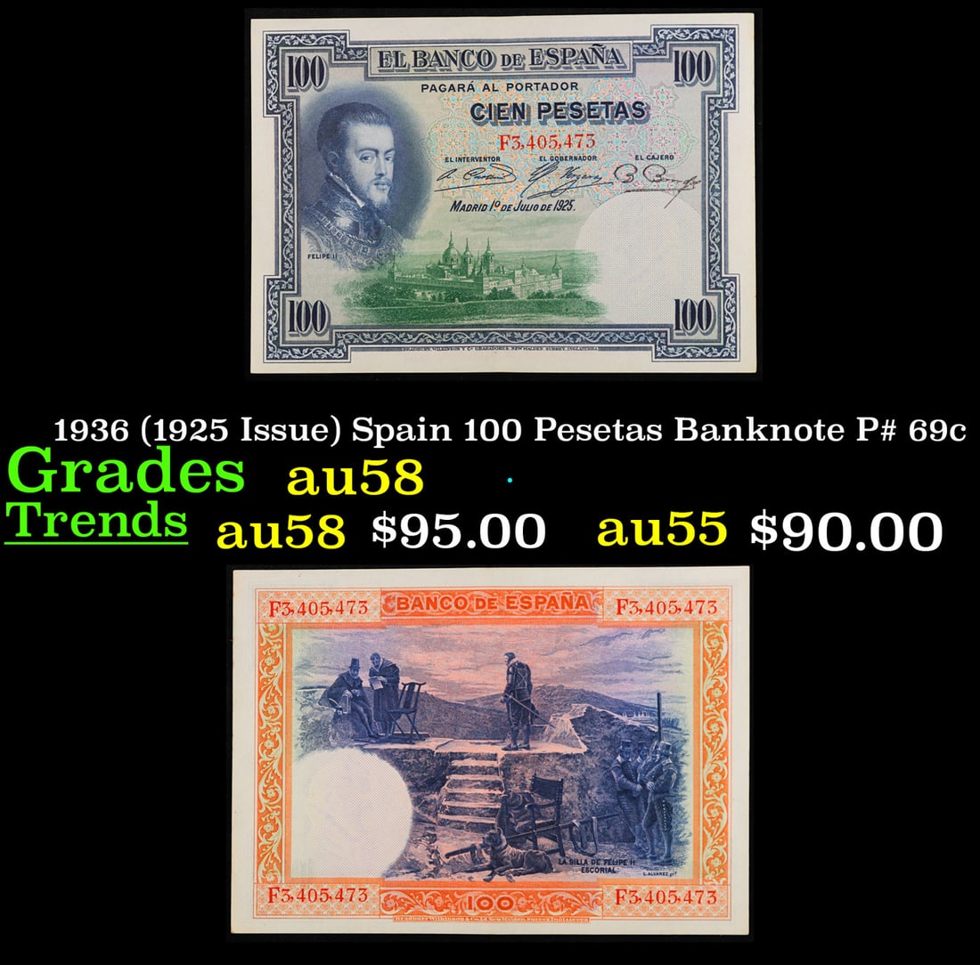1936 (1925 Issue) Spain 100 Pesetas Banknote P# 69c Choice AU/BU Slider: 1936 (1925 Issue) Spain 100 Pesetas Banknote P# 69c Choice AU/BU Slider.