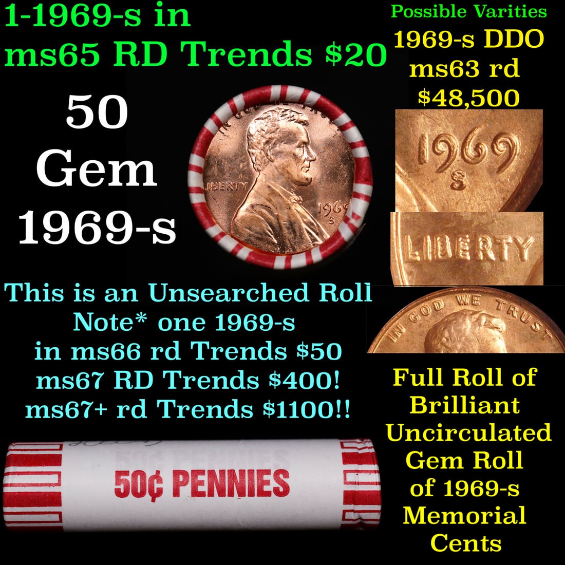 BU Shotgun Lincoln 1c roll, 1969-s 50 pcs Bank Wrapper 50c (1 of 3)