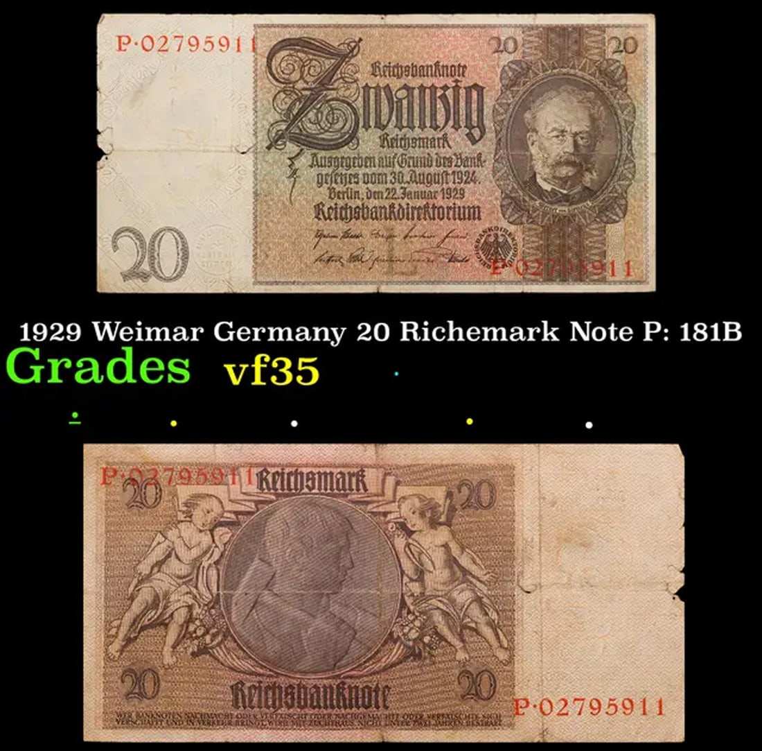 1929 Weimar Germany 20 Richemark Note P: 181B Grades vf++ (1 of 3)