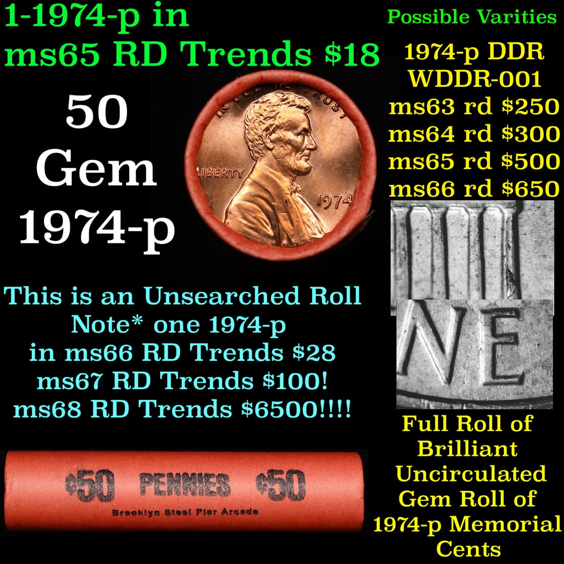 BU Shotgun Lincoln 1c roll, 1974-p 50 pcs Bank Wrapper 50c: BU Shotgun Lincoln 1c roll, 1974-p 50 pcs Bank Wrapper 50c. A terrific Shotgun roll of Lincoln cents. Most if not all coins should be cherry red.