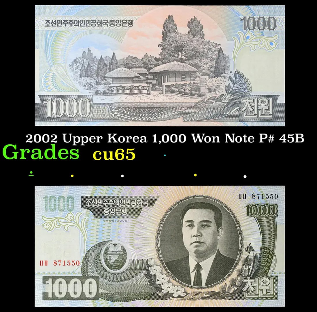 2002 Upper Korea 1,000 Won Note P# 45B Grades Gem CU: 2002 Temp Temp 1,000 Won Note P# 45B Grades Gem CU.