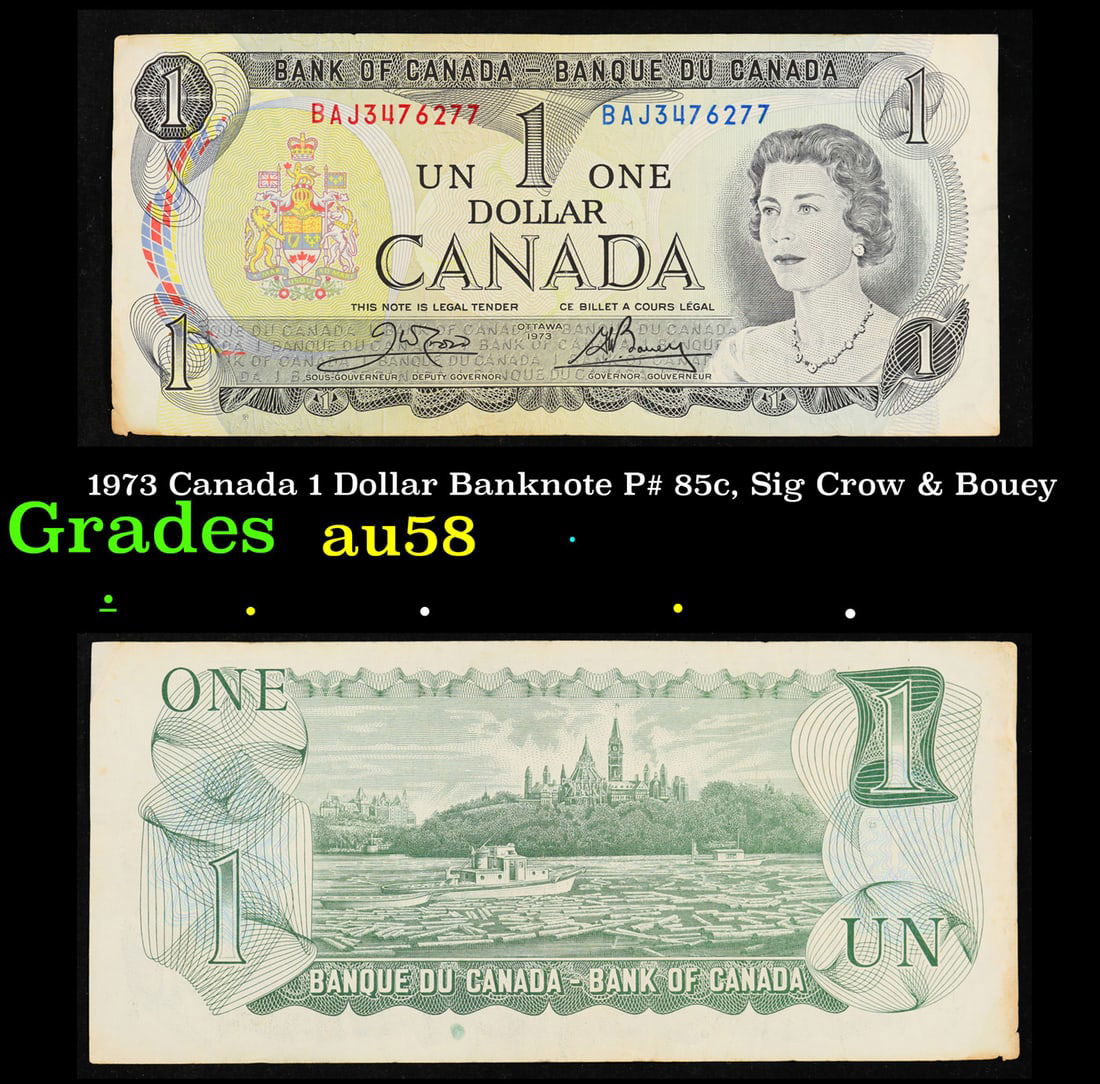1973 Canada 1 Dollar Banknote P# 85c, Sig Crow & Bouey Grades Choice AU/BU Slider (1 of 3)