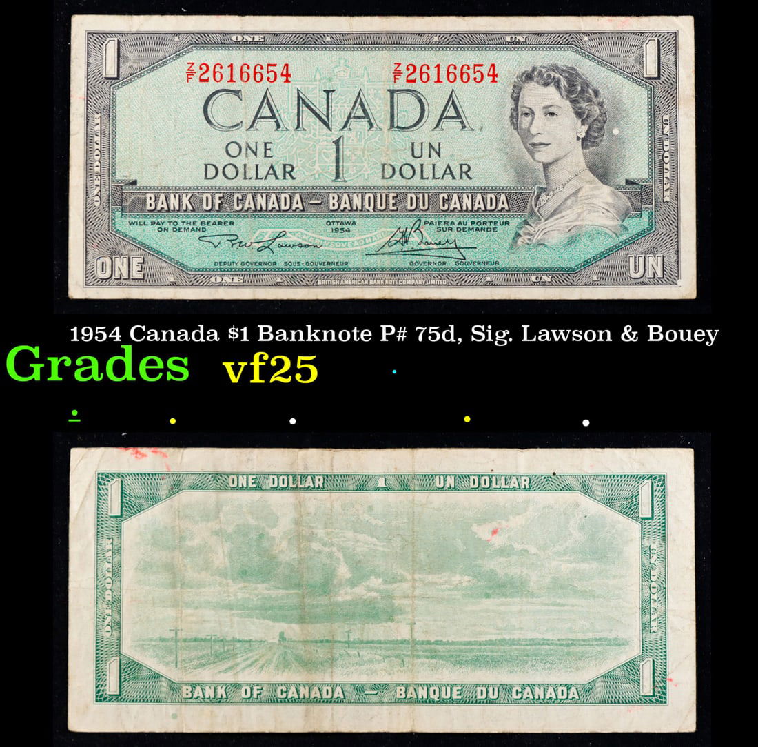 1954 Canada $1 Banknote P# 75d, Sig. Lawson & Bouey Grades vf+ (1 of 3)