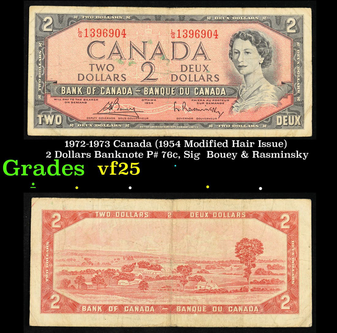 1972-1973 Canada (1954 Modified Hair Issue) 2 Dollars Banknote P# 76c, Sig. Bouey & Rasminsky Grades (1 of 3)