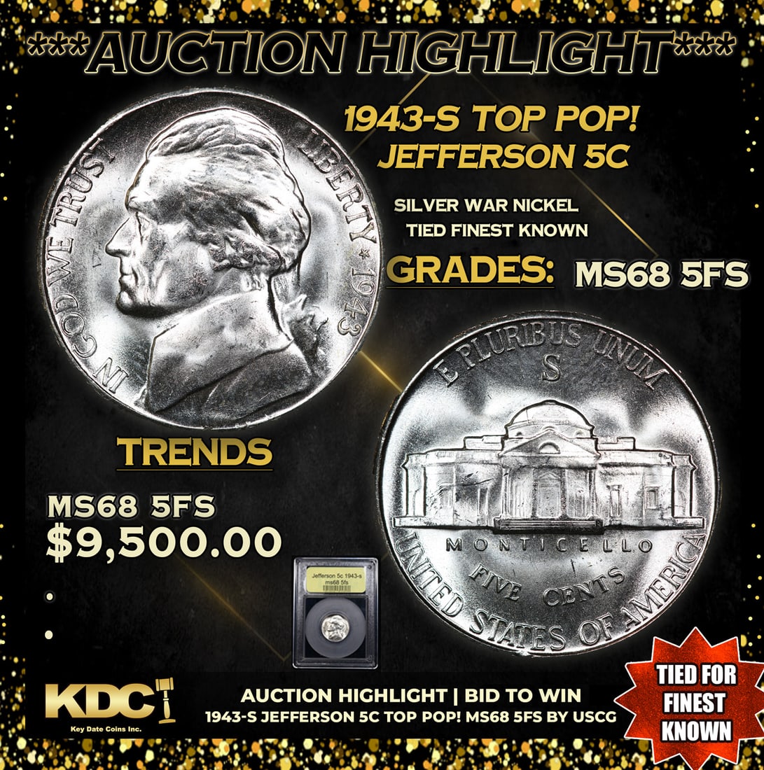 ***Auction Highlight*** 1943-s Jefferson Nickel TOP POP! 5c Graded GEM++ 5fs By USCG (fc) (1 of 5)