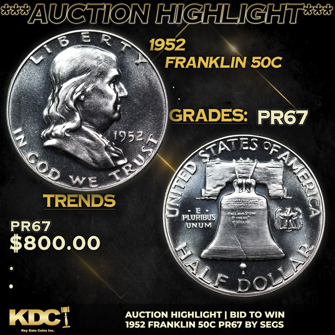 Proof ***Auction Highlight*** 1952 Franklin Half Dollar 50c Graded pr67 BY SEGS (fc) (1 of 5)