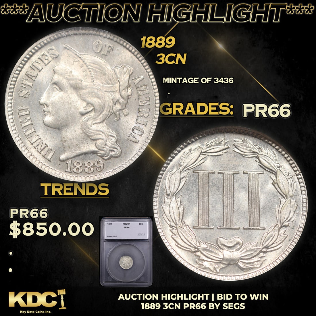 Proof ***Auction Highlight*** 1889 Three Cent Copper Nickel 3cn Graded pr66 BY SEGS (fc) (1 of 5)