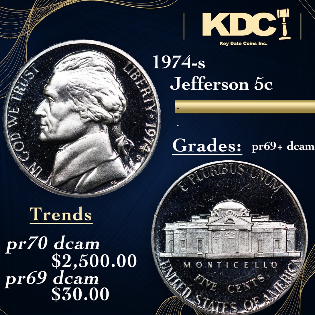Proof 1974-s Jefferson Nickel 5c Grades GEM++ Proof Deep Cameo (1 of 3)