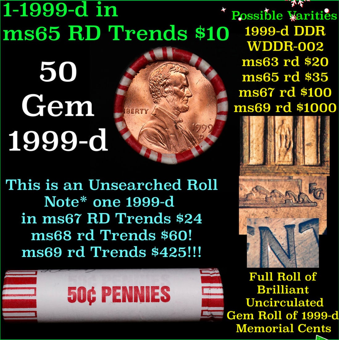 BU Shotgun Lincoln 1c roll, 1999-d 50 pcs Bank Wrapper 50c (1 of 2)