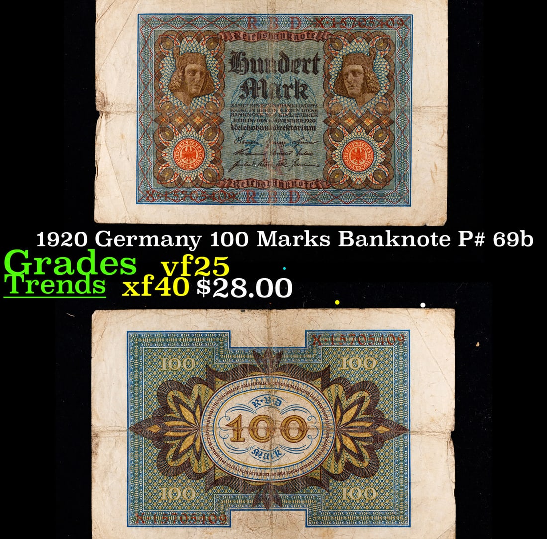 1920 Germany 100 Marks Banknote P# 69b Grades vf+ (1 of 3)