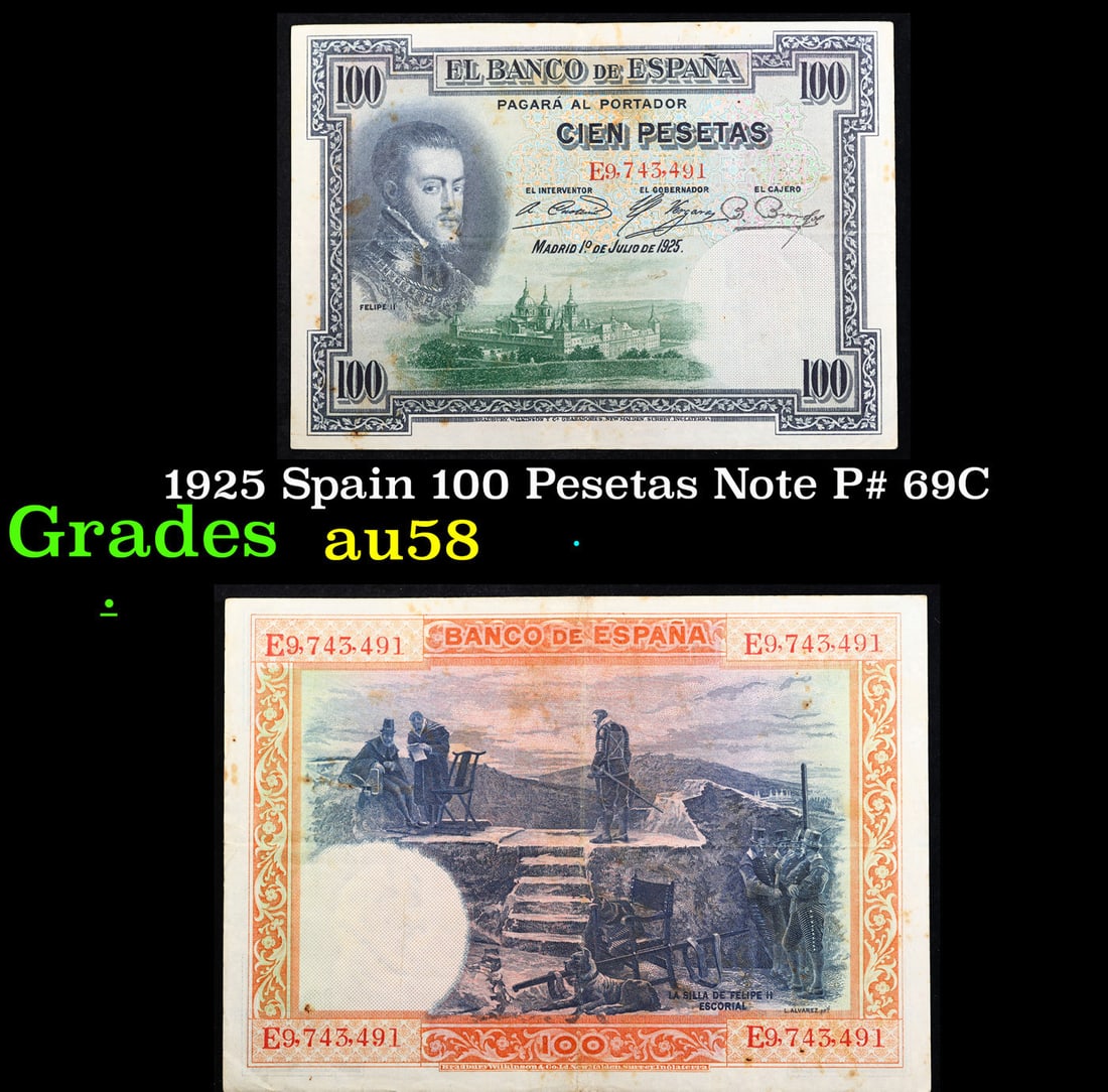 1925 Spain 100 Pesetas Note P# 69C Grades Choice AU/BU Slider: 1925 Spain 100 Pesetas Note P# 69C Grades Choice AU/BU Slider.