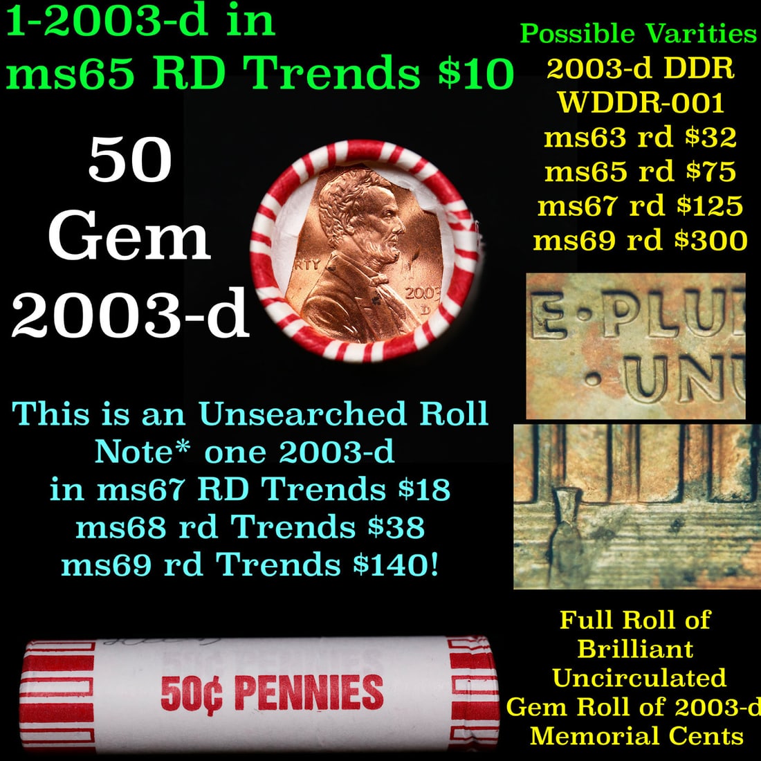 BU Shotgun Lincoln 1c roll, 2003-d 50 pcs Bank Wrapper 50c: BU Shotgun Lincoln 1c roll, 2003-d 50 pcs Bank Wrapper 50c. A terrific Shotgun roll of Lincoln cents in a shotgun style wrapper. Most if not all coins should be cherry red.