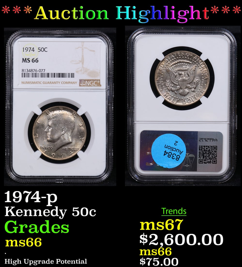 ***Auction Highlight*** NGC 1974-p Kennedy Half Dollar 50c Graded ms66 By NGC (fc) (1 of 3)