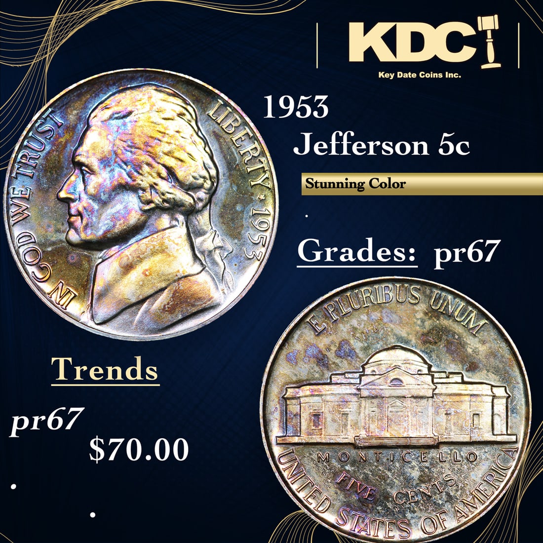 Proof 1953 Jefferson Nickel 5c Grades GEM++ Proof (1 of 3)