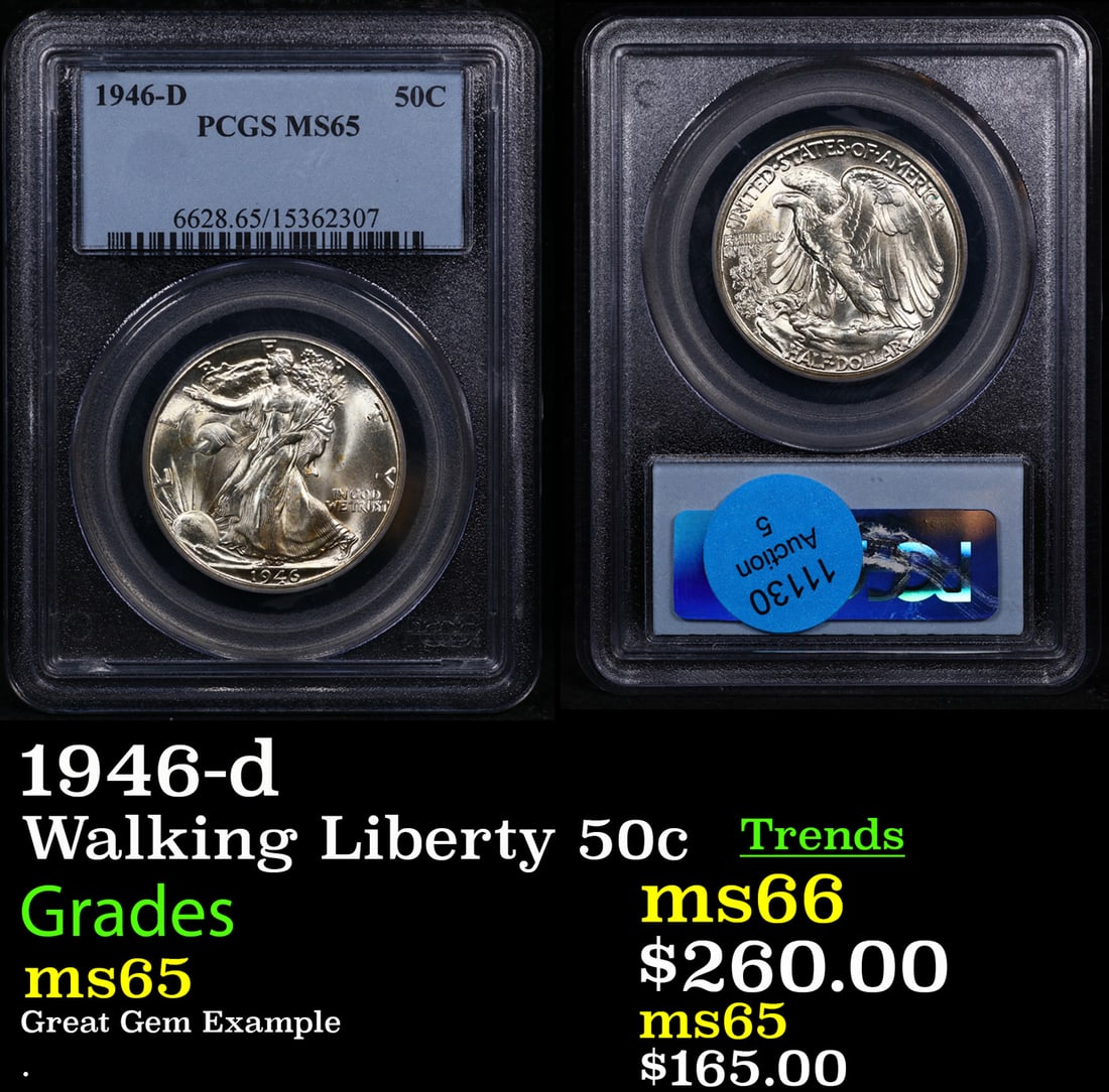 PCGS 1946-d Walking Liberty Half Dollar 50c Graded ms65 By PCGS (1 of 3)