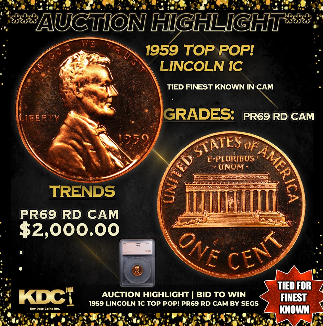 Proof ***Auction Highlight*** 1959 Lincoln Cent TOP POP! 1c Graded pr69 rd cam BY SEGS (fc) (1 of 5)
