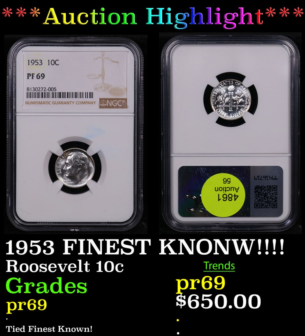 Proof ***Auction Highlight*** NGC 1953 Roosevelt Dime FINEST KNONW!!!! 10c Graded pr69 By NGC (fc) (1 of 3)