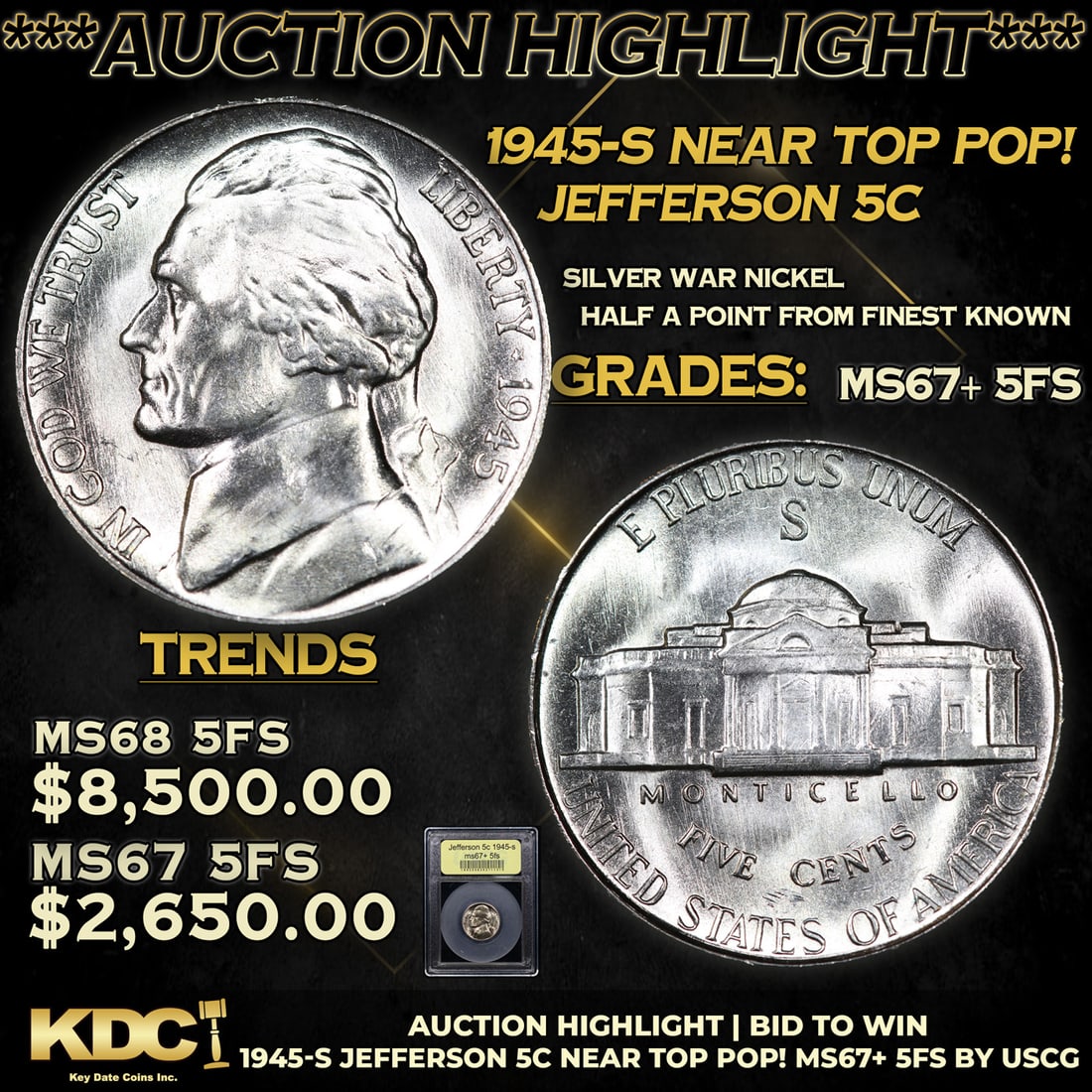 ***Auction Highlight*** 1945-s Jefferson Nickel Near TOP POP! 5c Graded GEM++ 5fs BY USCG (fc) (1 of 5)