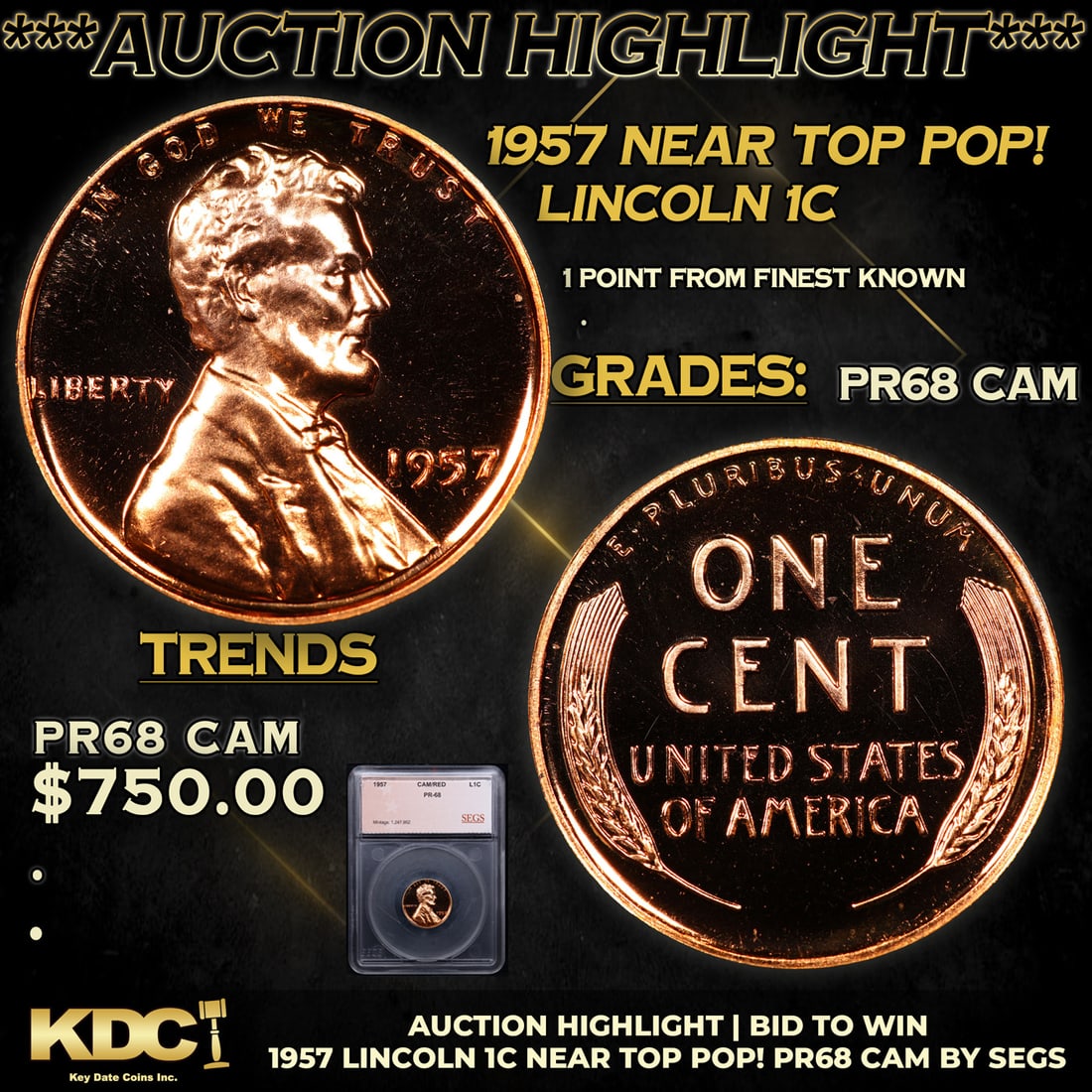 Proof ***Auction Highlight*** 1957 Lincoln Cent Near TOP POP! 1c Graded pr68 cam BY SEGS (fc) (1 of 5)