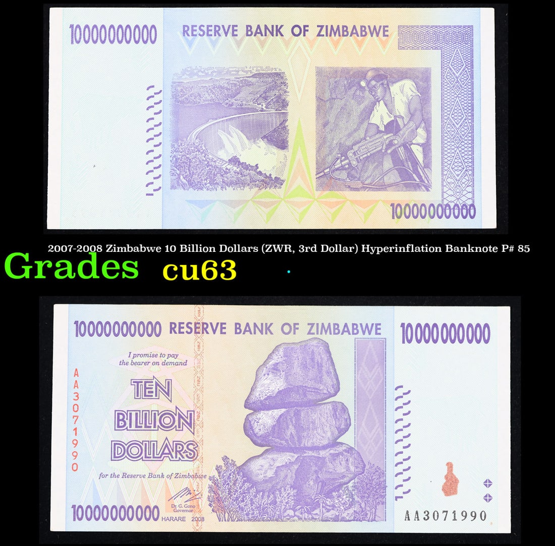 2007-2008 Zimbabwe 10 Billion Dollars (ZWR, 3rd Dollar) Hyperinflation Banknote P# 85 Grades Select (1 of 3)