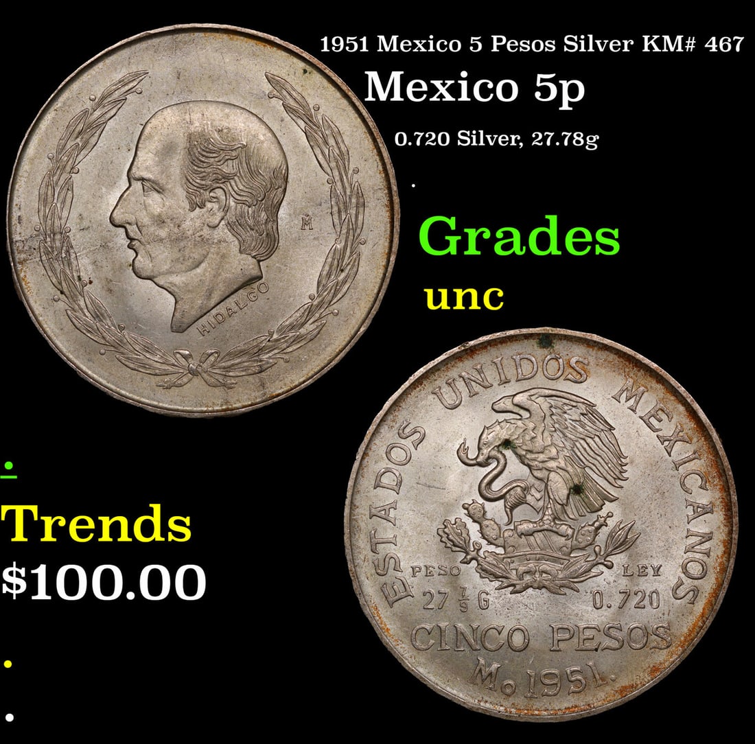 1951 Mexico 5 Pesos Silver KM# 467 Grades Brilliant Uncirculated (1 of 3)