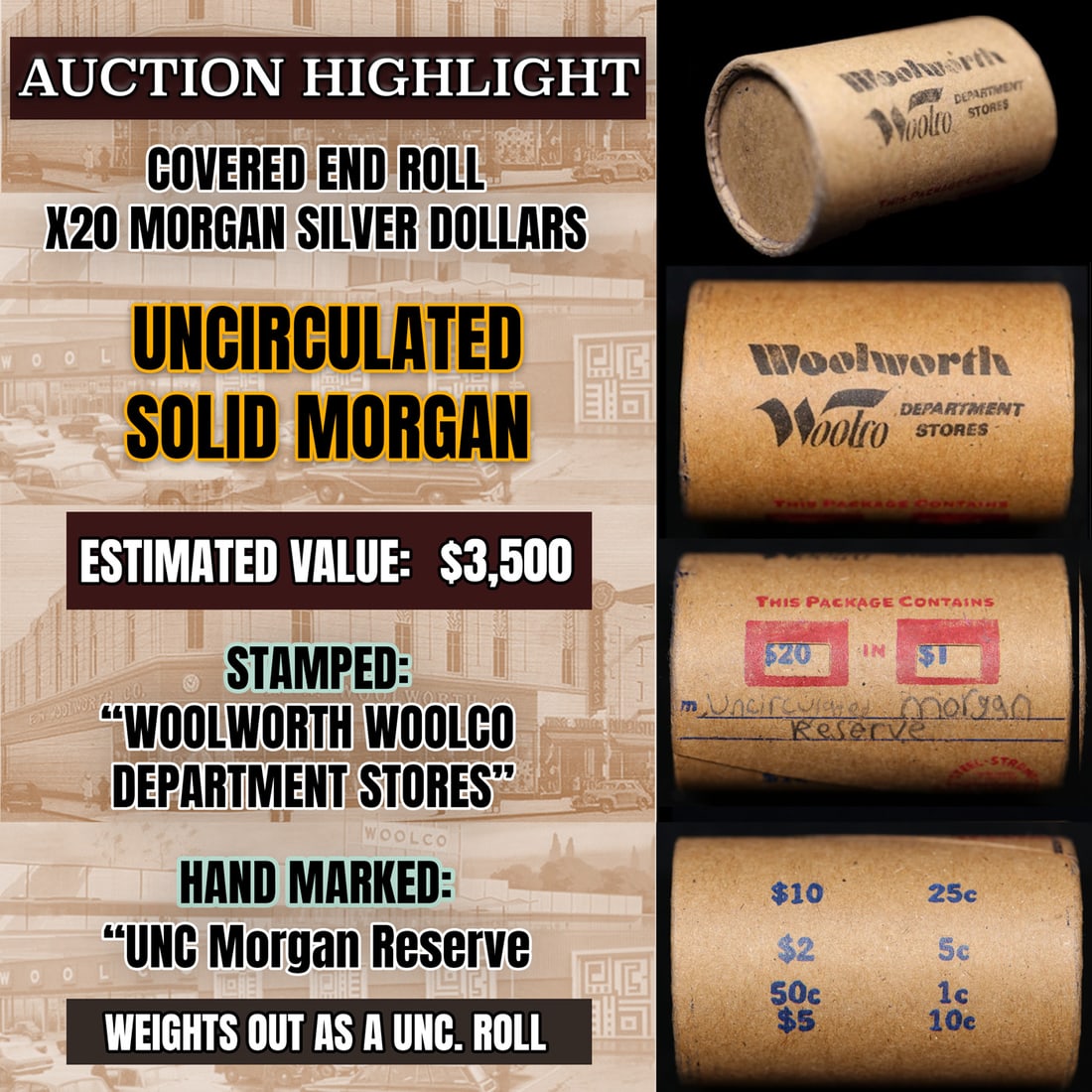 Wow! Covered End Roll! Marked "Unc Morgan Reserve"! X20 Coins Inside! (FC) (1 of 5)