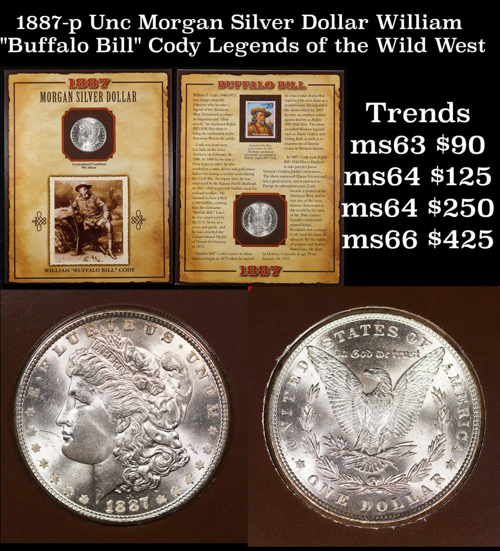 1887-p Unc Morgan Silver Dollar William "Buffalo Bill" Cody Legends of the Wild West Morgan Dollar: 1887-p Unc Morgan Silver Dollar William "Buffalo Bill" Cody Legends of the Wild West Morgan Dollar $1. William Frederick Cody (February 26, 1846 – January 10, 1917), known as Buffalo Bill, was an Am