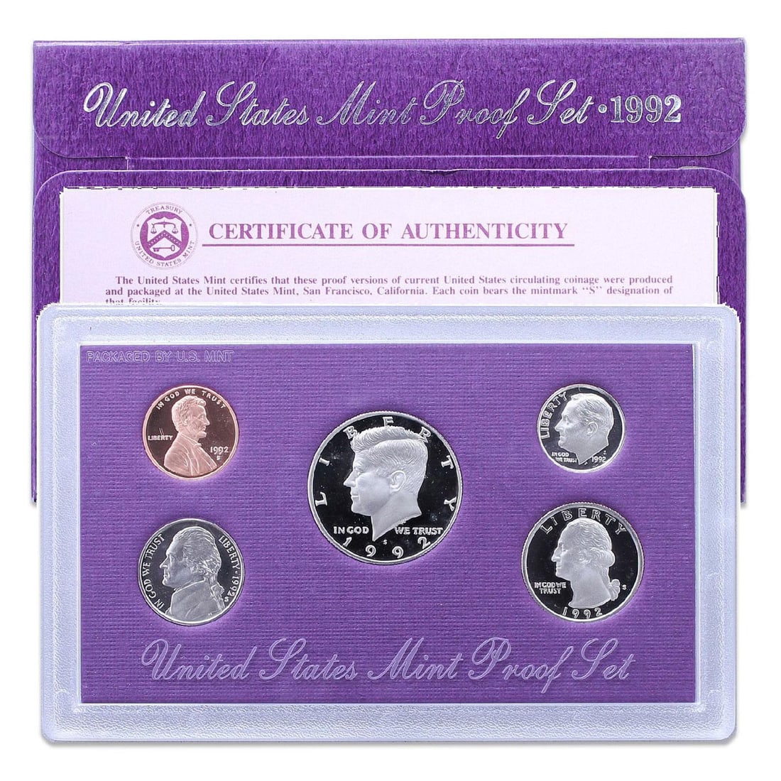 1992 United States Mint Proof Set 5 coins: 1992 United States Mint Proof Set 5 coins. Includes 5 Very Deep Cameo Proof Coins, the original Mint Packaging and the COA.