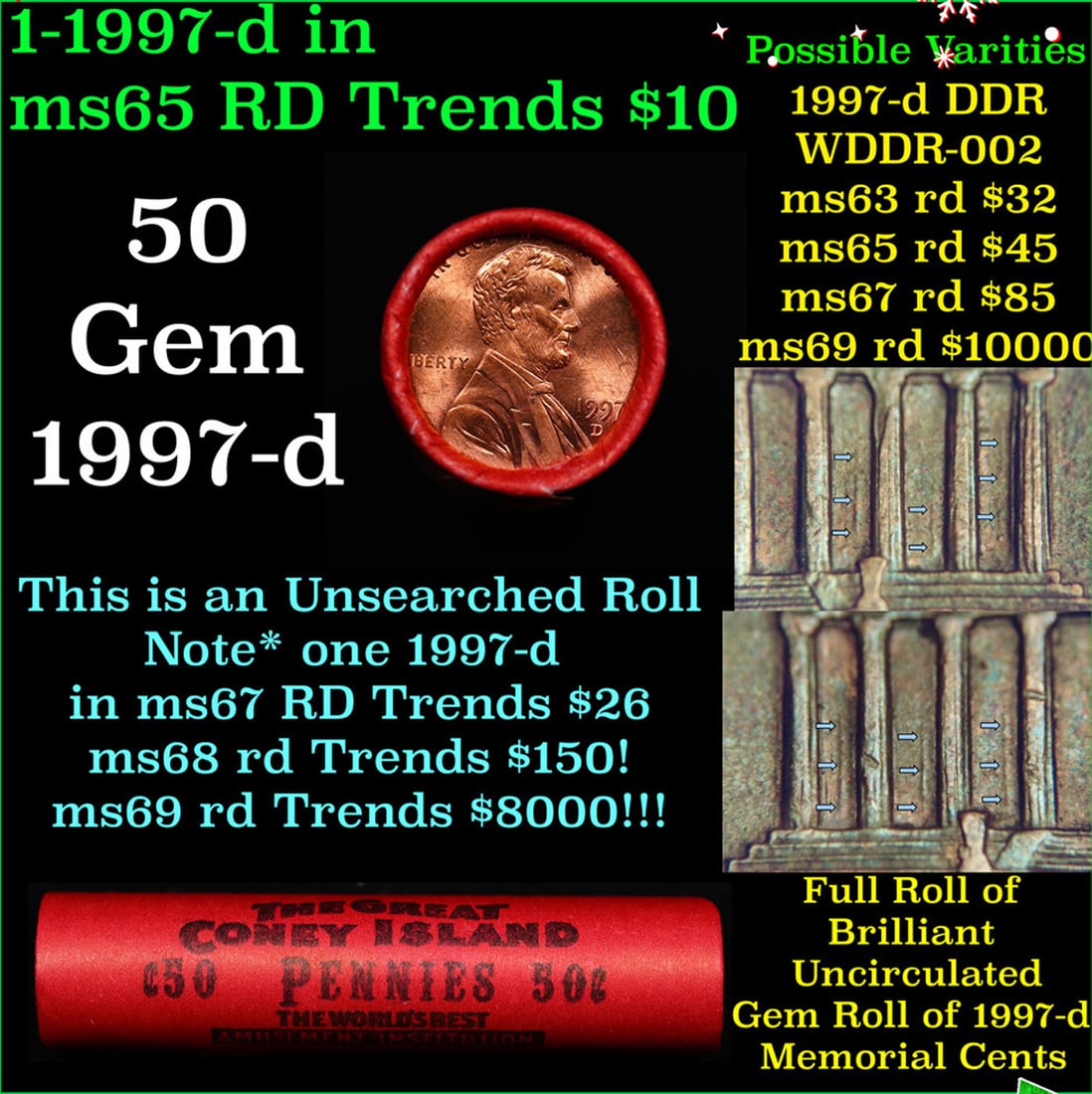 Shotgun Lincoln 1c roll, 1992-d 50 pcs Coney Island Wrapper.: Shotgun Lincoln 1c roll, 1992-d 50 pcs Coney Island Wrapper.. A terrific Shotgun roll of Lincoln cents. Most if not all coin should be cherry red.