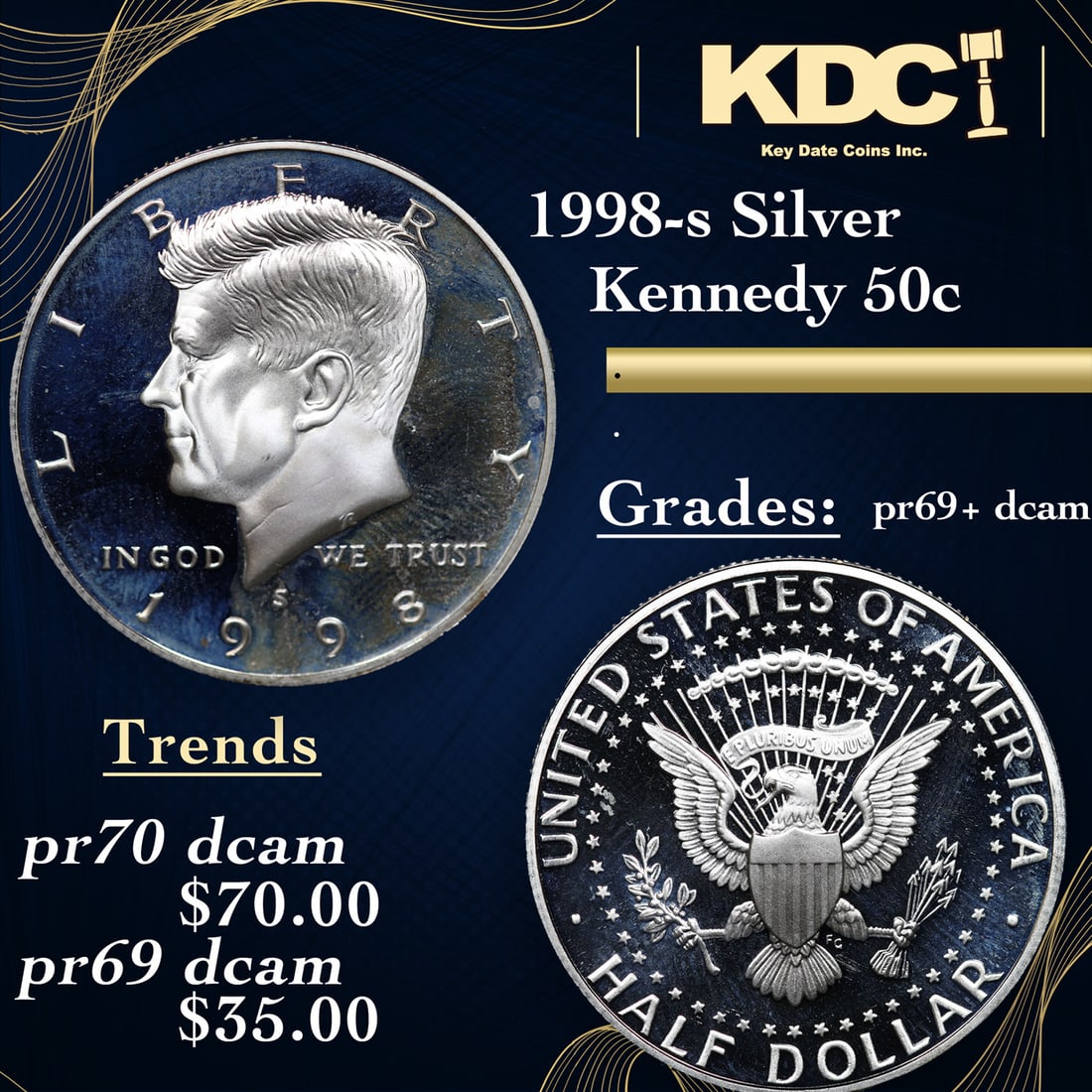 Proof 1998-s Silver Kennedy Half Dollar 50c Graded pr69+ dcam BY SEGS (1 of 3)