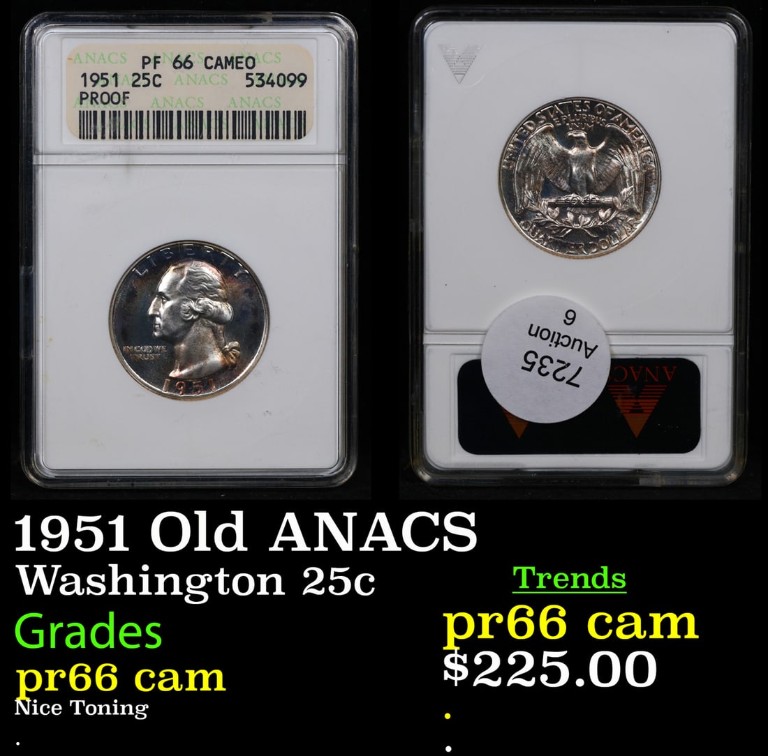 Proof ANACS 1951 Washington Quarter Old ANACS 25c Graded pr66 cam By ANACS (1 of 3)
